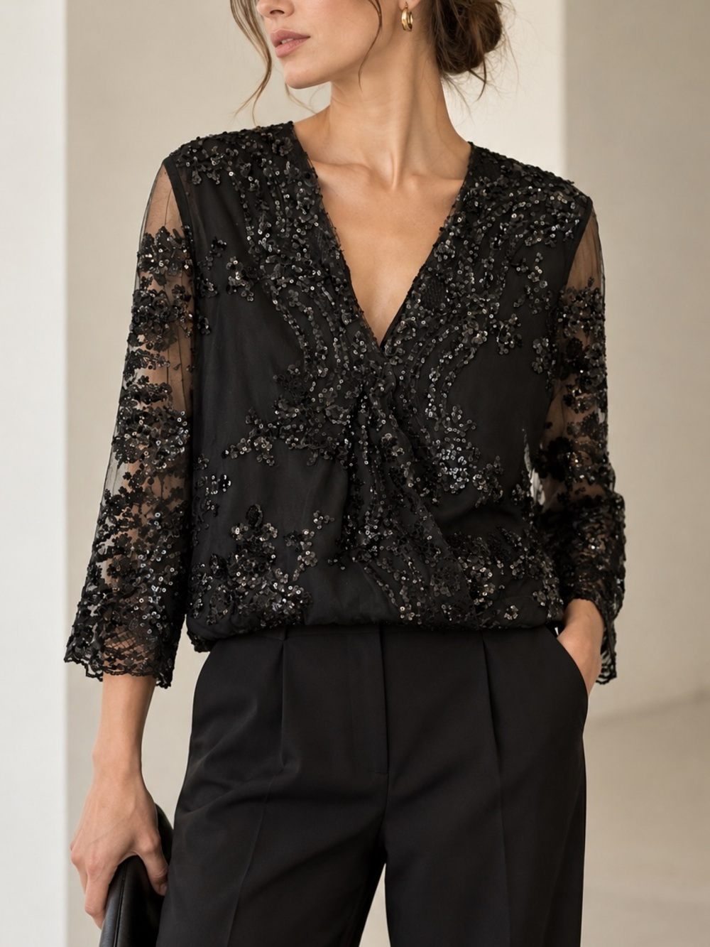 Studio F Black Sequin Embellished V-Neck Blouse